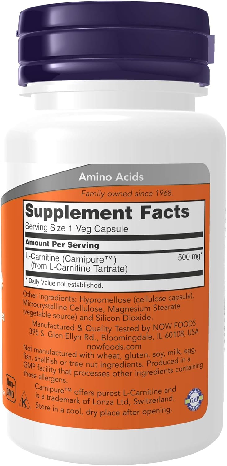 NOW Supplements, L-Carnitine 500mg, Purest Form, Amino Acid, Fitness Support*, 30 Veg Capsules: Health & Personal Care