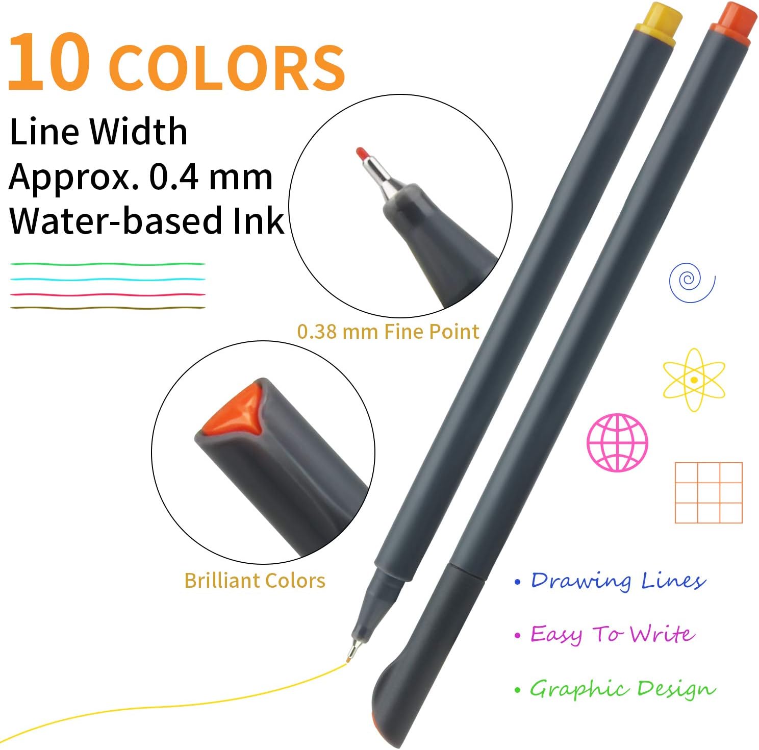 MyLifeUNIT Fineliner Color Pen Set, 0.4mm Colored Fine Liner Sketch Drawing Pen, Pack of 10 Assorted Colors : Office Products