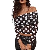 WDIRARA Women's Mesh Polka Dots Off Shoulder Crop Top Ruched Long Sleeve Slim Fit Sheer Tee Shirt