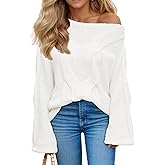 Saodimallsu Womens Off One Shoulder Sweaters Boat Neck Cable Knit Long Lantern Sleeve Loose Fall Trendy Pullover Tops