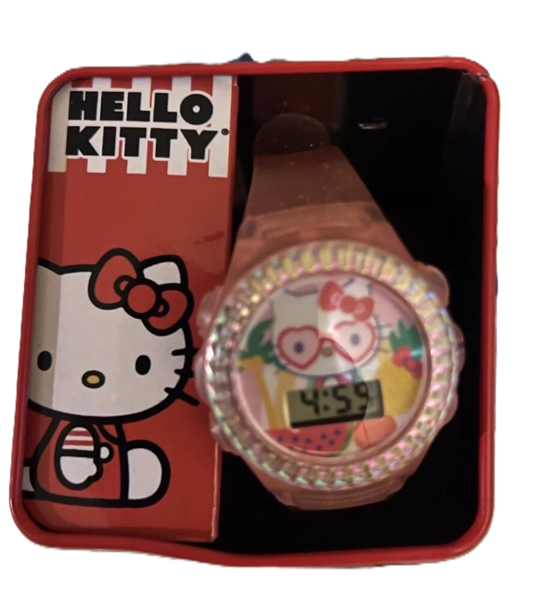 Accutime Sanrio Hello Kitty Kids LCD Watch – Pink Glitter Strap, Transparent Case, Iridescent Bezel, Digital Display, Cute Floral Printed Dial, Adjustable Fit, Perfect for Girls – Fits Wrists 5.5” to 8”