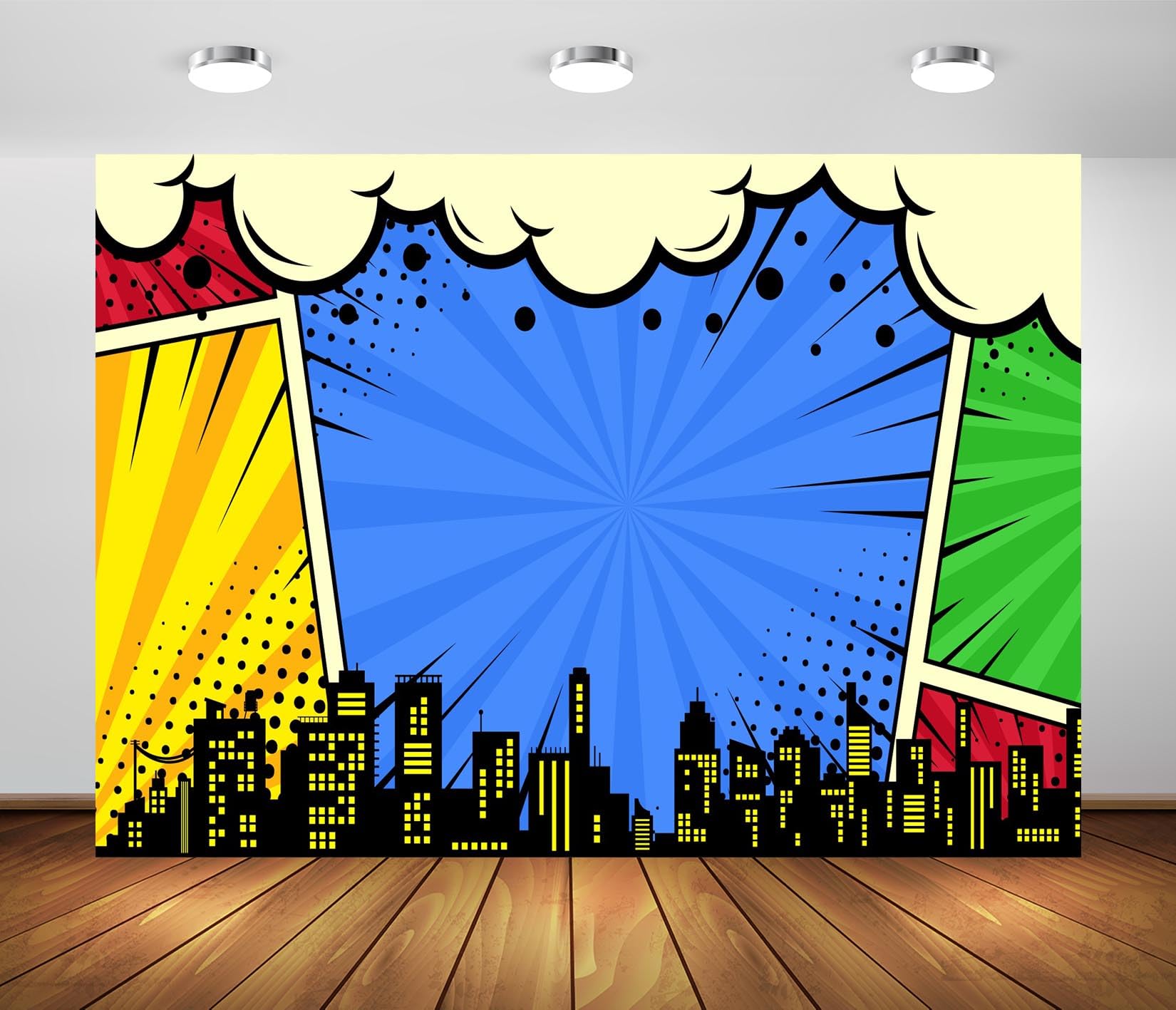 Photo 1 of BELECO 10x8ft Fabric Super City Backdrop for Superhero Photoshoot Comic Urban Skyline City Boom Super City Background for Superhero Party Decorations Baby Shower Birthday Photoshoot Studio Props