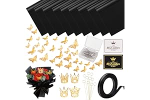 Fesorsi 20 Sheets Black Floral Paper, Flower Bouquet Wrapping Paper With 48 Pieces 3D Gold Butterfly Decoration, Flower Wrapping Paper Suitable for Making Bouquets, DIY Floral Arrangements