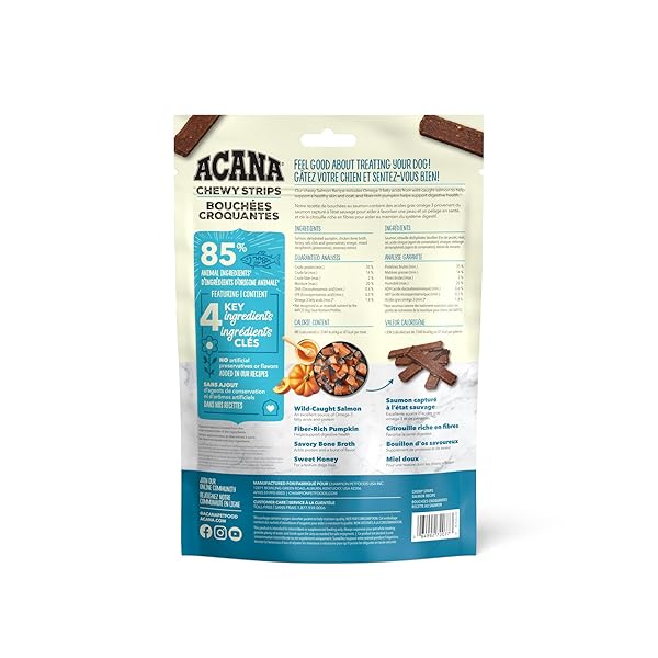 ACANA CHEWY STRIPS LIMITED INGREDIENT DOG TREATS SALMON RECIPE WITH SKIN, COAT, & DIGESTIVE SUPPORT 4OZ BAG