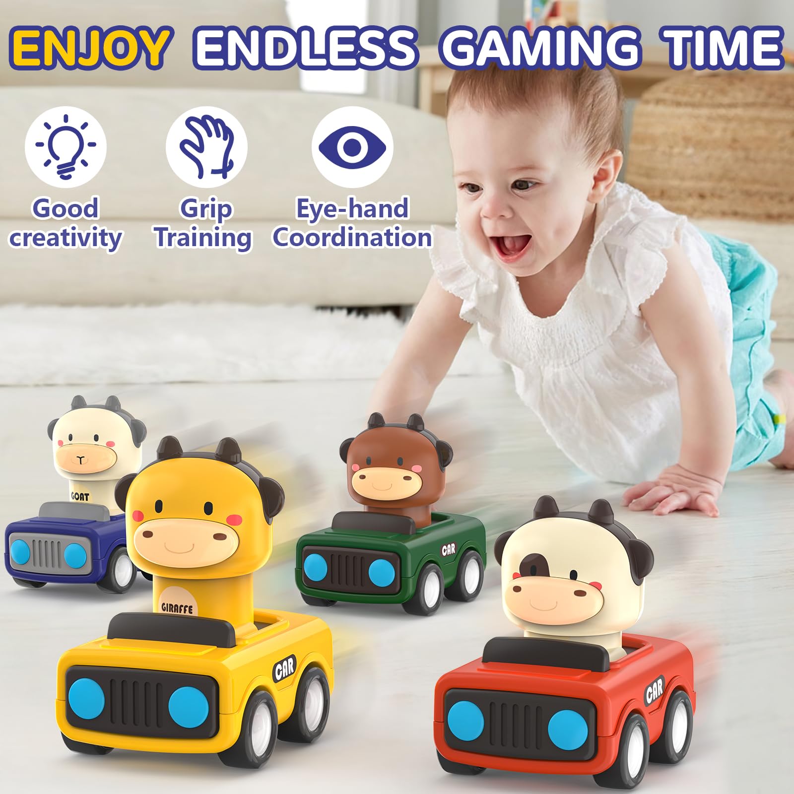 MOONTOY Auto Spielzeug ab 1 Jahr Jungen und Mädchen,4 Stück Spielzeugauto Baby-Tier-Rennwagen,Press-and-Go Spielfahrzeug Set für Kleinkinder 10 12 18 Monate,Geschenk für Kinder ab 1 2 3 Jahr 4
