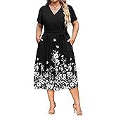 IN'VOLAND Women Plus Size Short Sleeve Dress Casual Wrap V Neck Belted Vacation Beach Midi Dresses with Pockets
