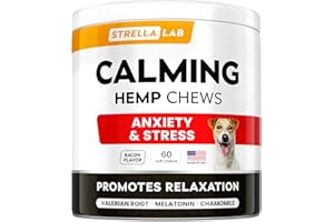 STRELLALAB Advanced Calming Chews for Dogs - Hemp Chews and Melatonin - Anxiety Relief - Sleep Aid - Relaxing Treats - Stress Relief During Fireworks, Storms, Thunder, Barking - Made in USA - Bacon - 60ct