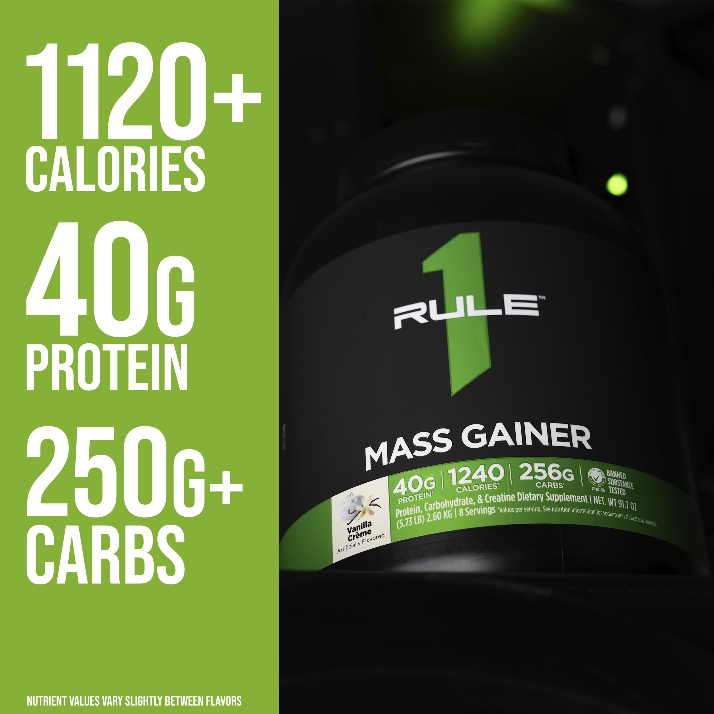 Rule 1 Mass Gainer - High-Calorie Weight Gain Formula with 1,220+ Calories, 250g+ Complex Carb Blend, 40g All-Whey Protein Per Serving (8 Servings, Chocolate Fudge)
