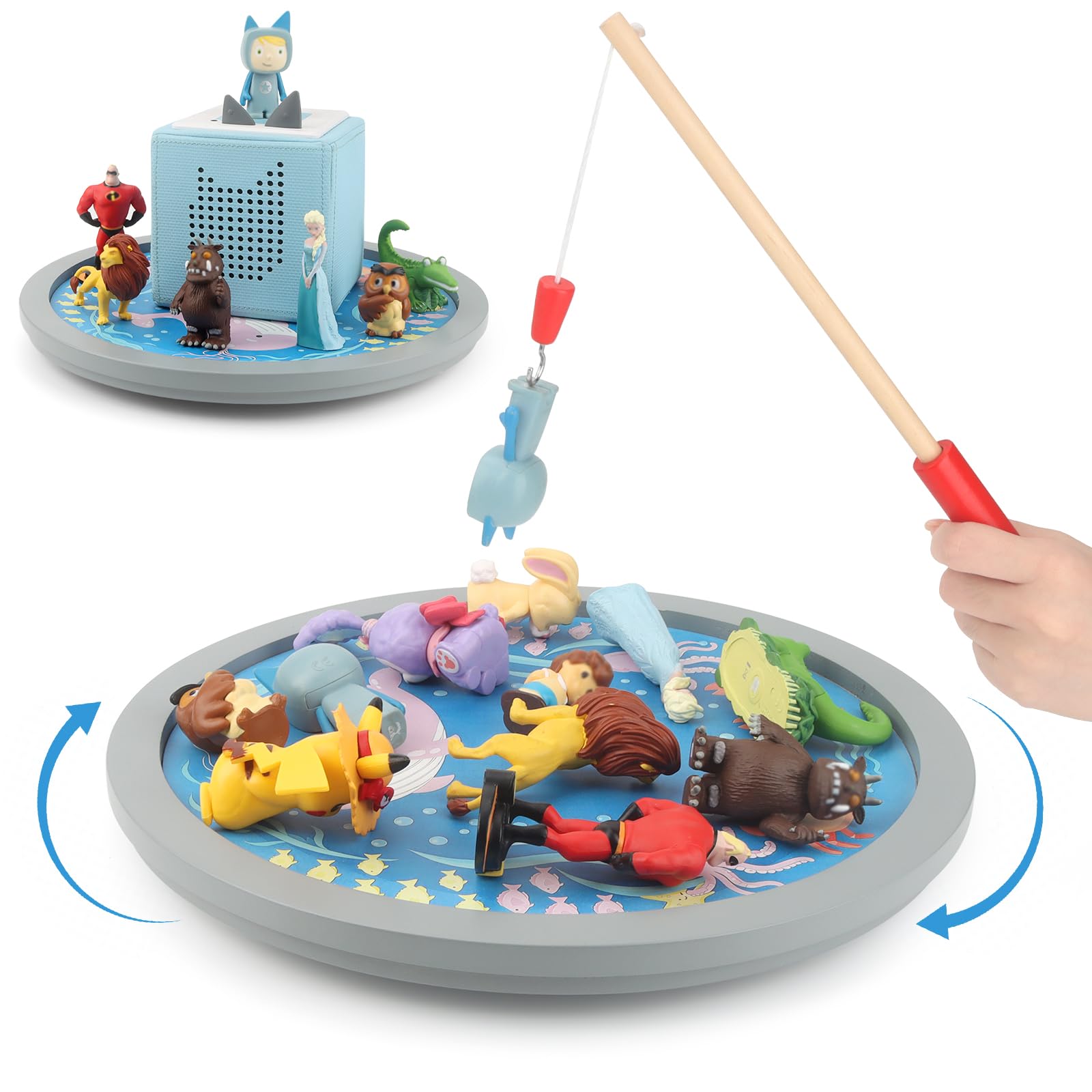 Photo 1 of ***(TOYS NOT INCLUDED)***RZYLKA 360° Round Turntable for Tonies Figures Storage, Fun Fishing Game with Magnetic Hook to “Catch” for Tonies Characters, Ocean Theme Wooden Organizer Storage Shelf Display for Toniebox 1/2
