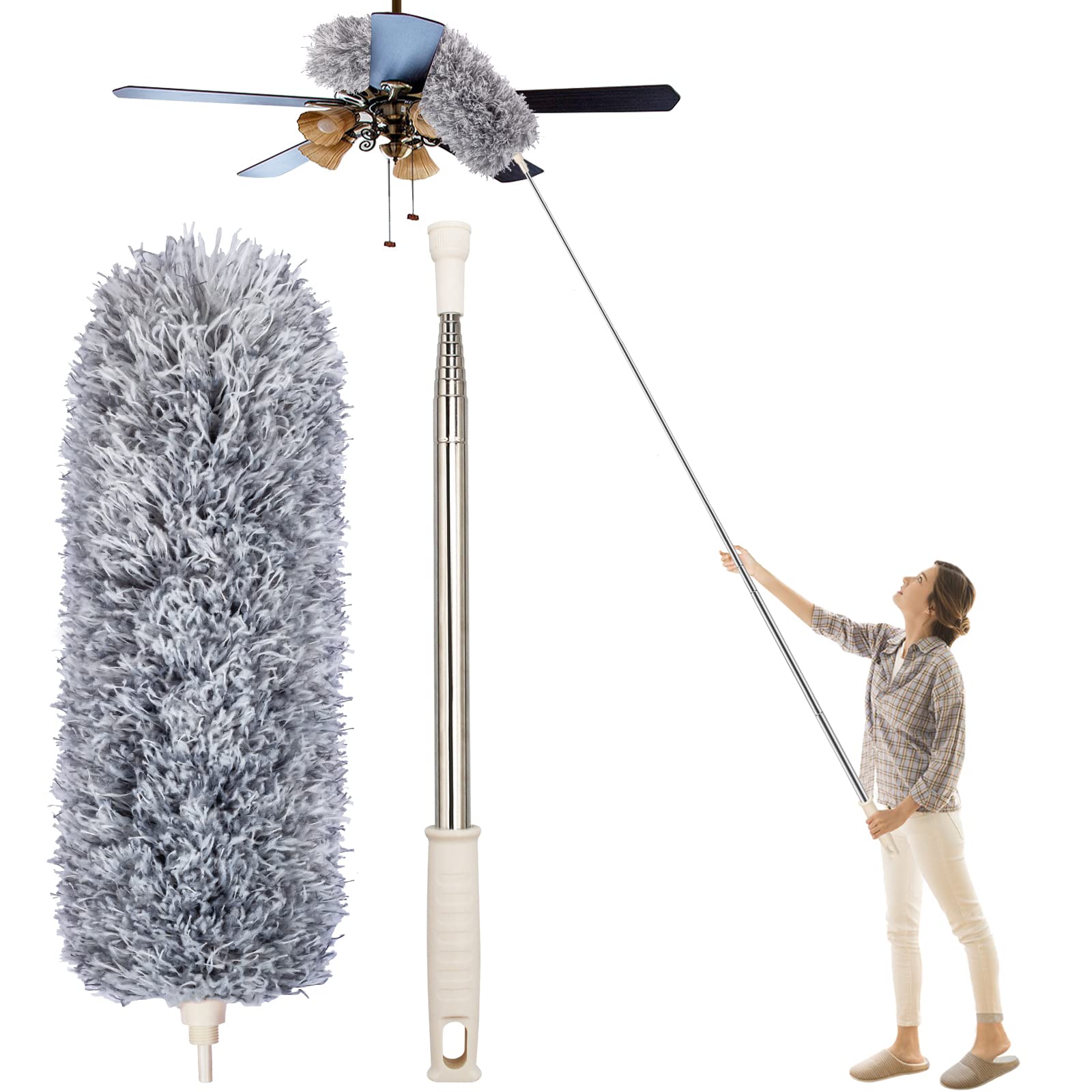 Feather Duster, Newliton Microfiber Dusters for Cleaning High Ceiling Fan with 30'' to 100'' Telescoping Extension Pole, Long Extendable Duster for Home Car Furniture Cobweb