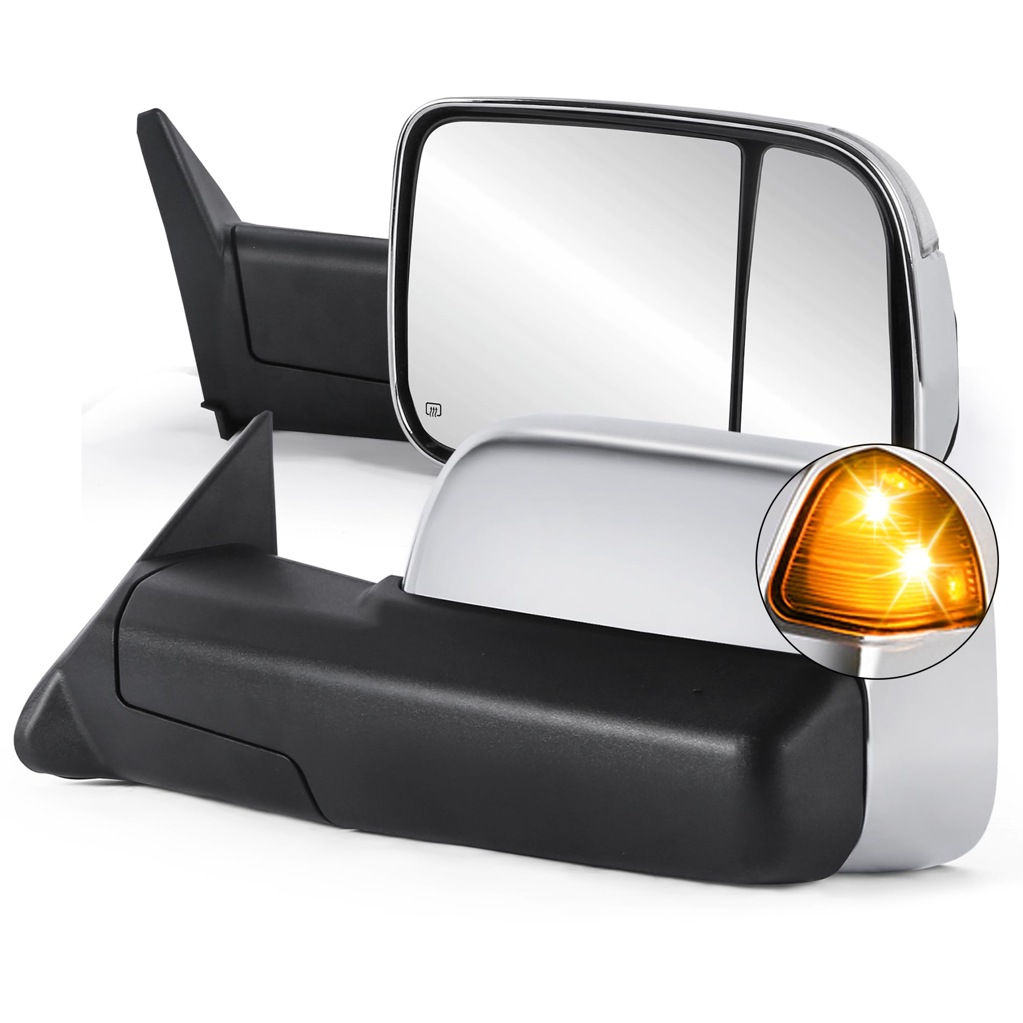 KUIPERAUTO Pair Chrome Power Heated Towing Mirrors Compatible for 1998-2001 Dodge Ram 1500/1998-2002 Dodge Ram 2500 3500 w/Led Turn Light