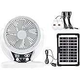 Camping Fan with Solar Panel, Rechargeable Battery Powered Tent Fan with LED Light & Bulbs, Portable Desk Fan for Outdoor Camping, Fishing, Hurricane, Home Emergency