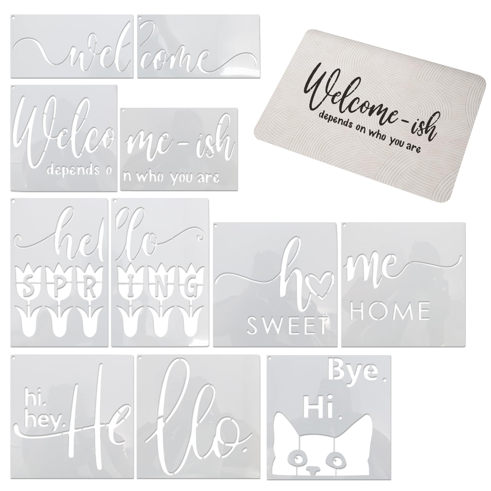 Photo 1 of 11PCS Welcome Stencil, Interesting Welcome Stencils for Painting on Wood, Reusable, Suitable for Porch Wood Sign Doormat Crafts Wall Decoration and Painting