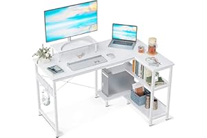 ODK 47 Inch Small L Shaped Computer Desk with Reversible Storage Shelves, L-Shaped Corner Desk with Monitor Stand for Small Space, Modern Simple Writing Table for Home Office Workstation, White