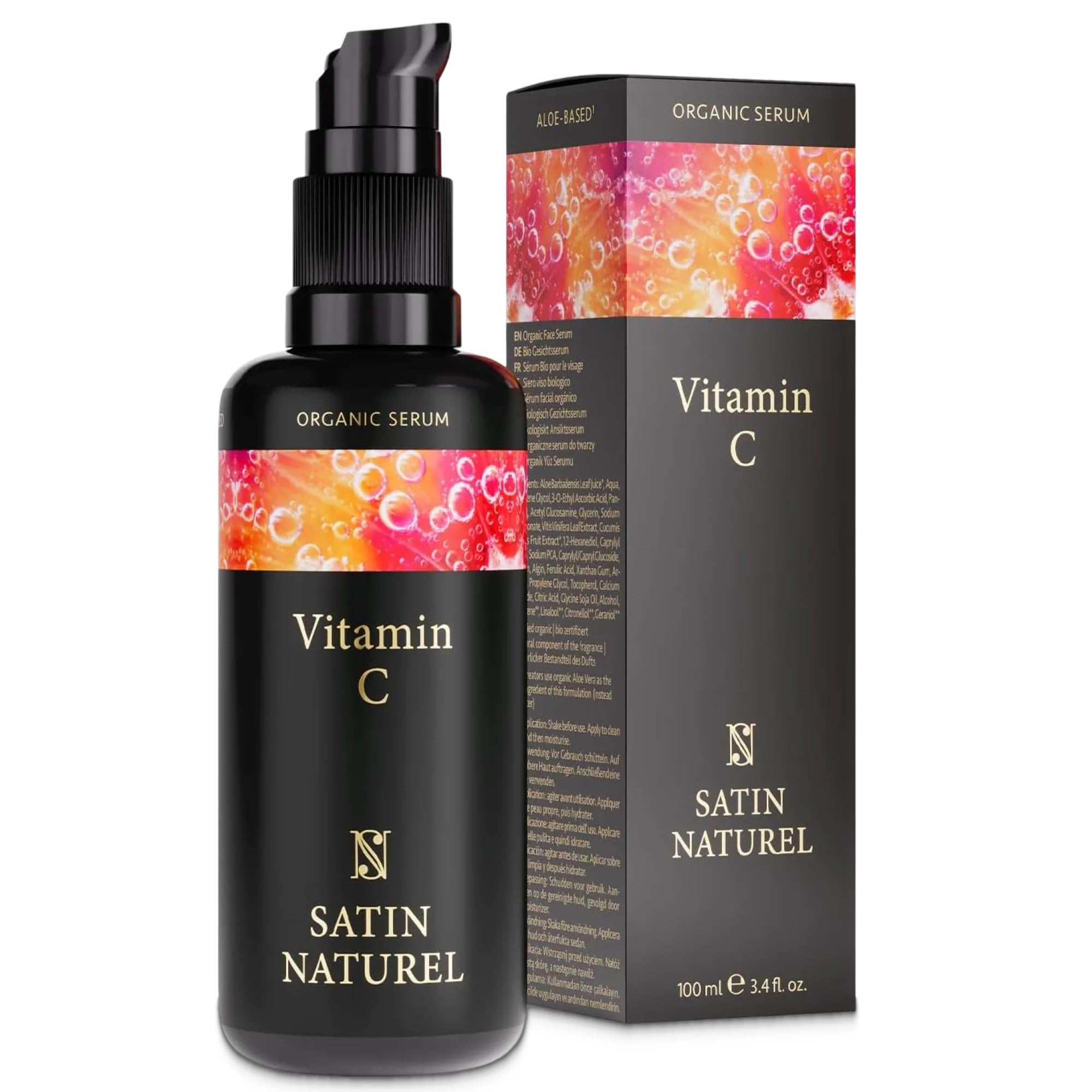 Satin Naturel Vitamin C Serum for Face with Hyaluronic Acid 100 ml - Brightening Serum for a Rejuvenated & Glowing Skin for Women - Organic Aloe Vera Based and Vegan Face Care