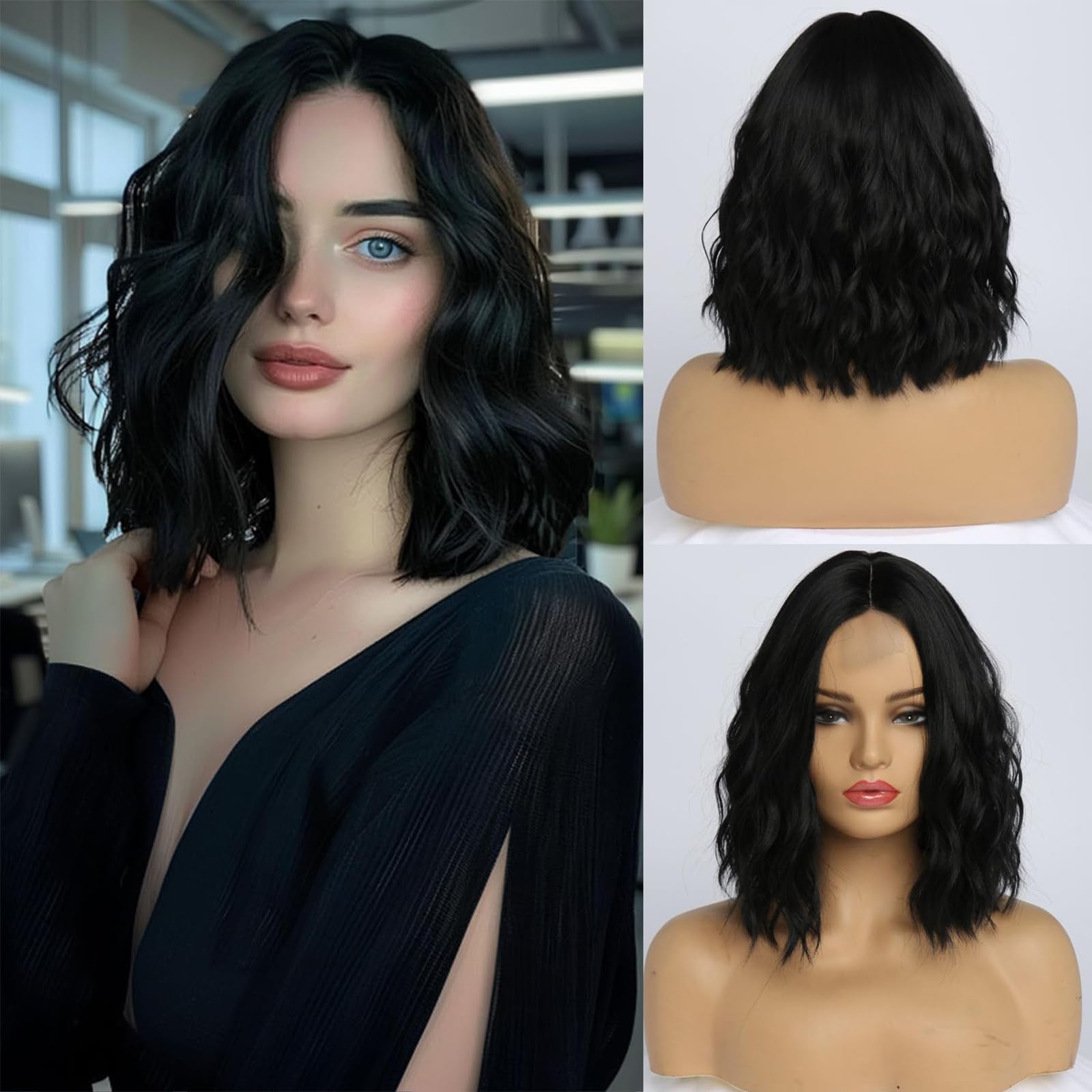 YuanYouTong Short Black Wavy Wig - 14 Inch Shoulder Length Middle Part Kinky Curly Bob Wig - Natural Synthetic Heat Resistant Fiber - Daily Party Use
