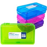 BAZIC PRODUCTS Bright Color Multipurpose Pencil Box, Stackable, 4-Set | Snap-latch lid for pens, Tools, Crafts, Supplies, Bulk pack, For home and office storage