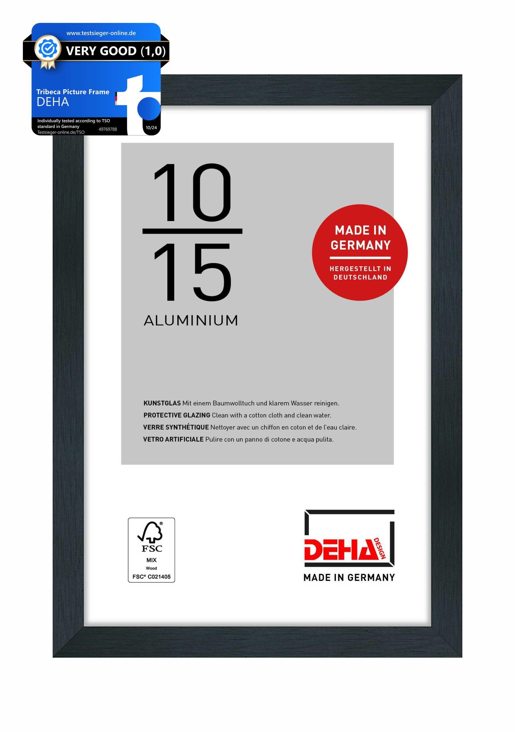 DEHA Design Tribeca Aluminium Picture Frame - 10x15 cm (4x6 in) – Brushed Black - with Synthetic Glass and Push/Turn Clips