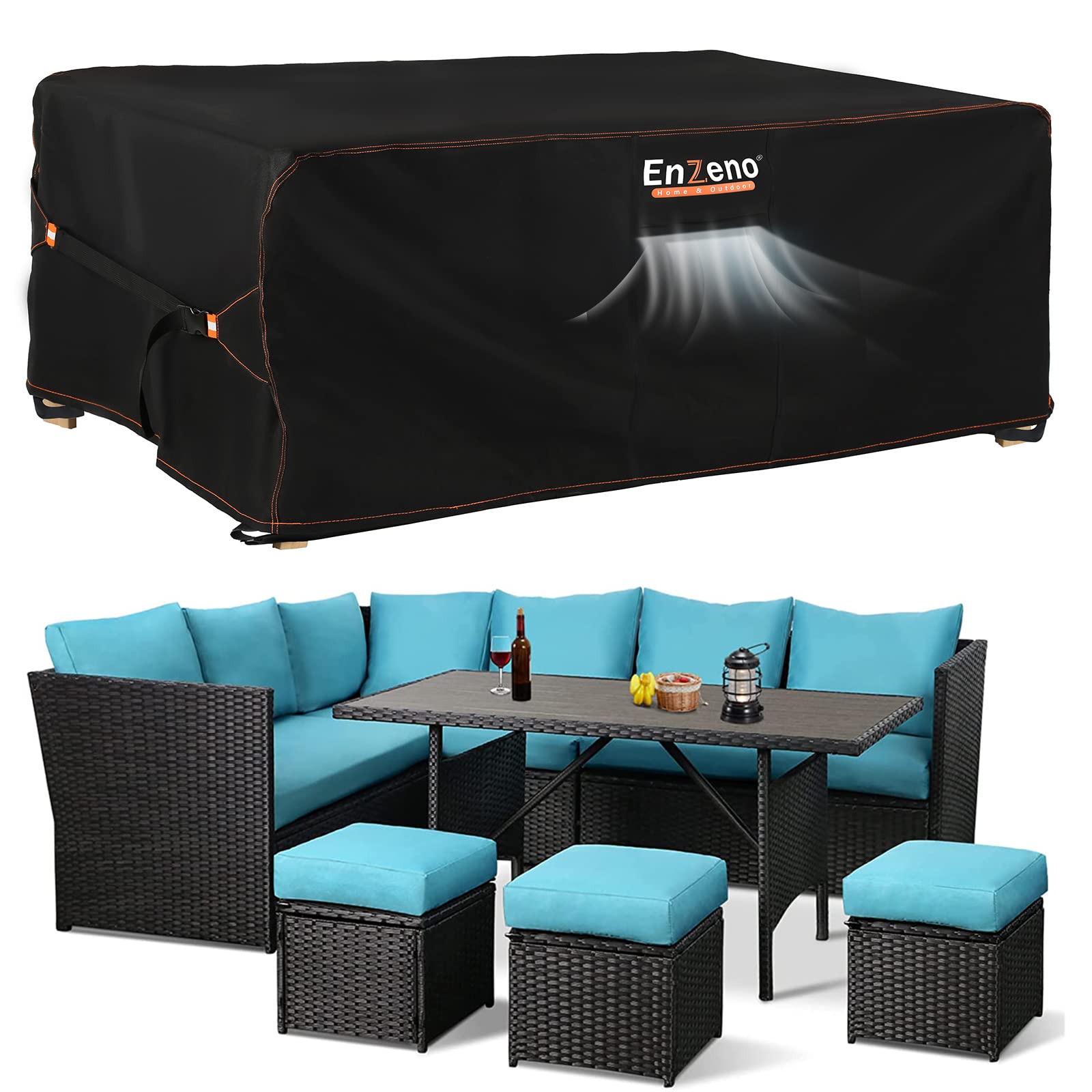 Enzeno Outdoor Garden Furniture Set Covers Waterproof,250X250X90cm Large Garden Furniture Cover,420D Heavy Duty Patio Furniture Covers for Outside,Windproof,&Anti-UV for Chair and Table Rattan Sofa