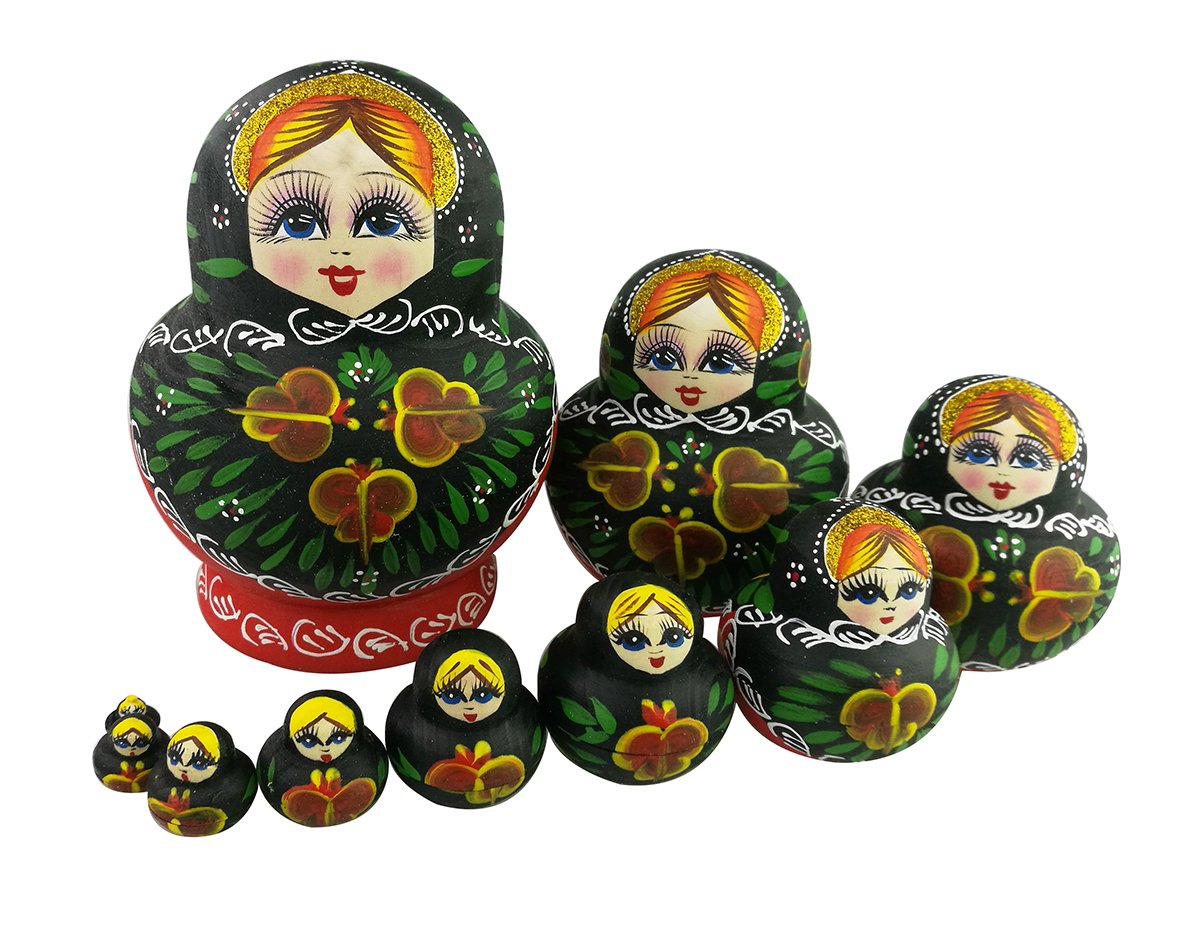 Winterworm® Set of 10 Red Green Flowers Wooden Russian Nesting Dolls Matryoshka Russian Doll (Green)