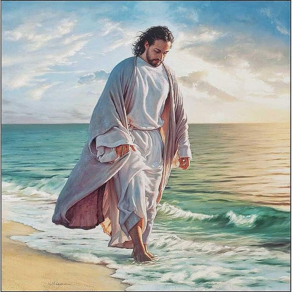 DIY 5D Diamond Painting Kit for Adults Children, NYEBS 5D DIY Diamond Painting Full Square Drill Jesus is Walking On The Beach Rhinestone Embroidery for Wall Decoration 16X16 inches (Full Drill)