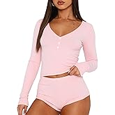 Cioatin Women 2 Piece Ribbed Knit Pajama Set Long Sleeve Button Crop Top and Shorts Lounge Sweatsuits Sleepwear PJ Set