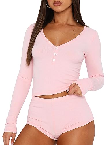 Cioatin Women Piece Ribbed Knit Pajama Set Long Sleeve Button