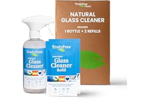 Truly Free Natural Glass Cleaner - Removes Dirt & Debris for Sparkling Clean Windows & Glass Surfaces at Home, Office & Garage, Includes: 1 Refillable Empty Bottle (16oz) & 2 Refills (3oz ea)