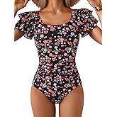 Eomenie Women's Tummy Control One Piece Swimsuit Ruffle Square Neck Bathing Suit Ruched Cutout Back Slimming Swimwear