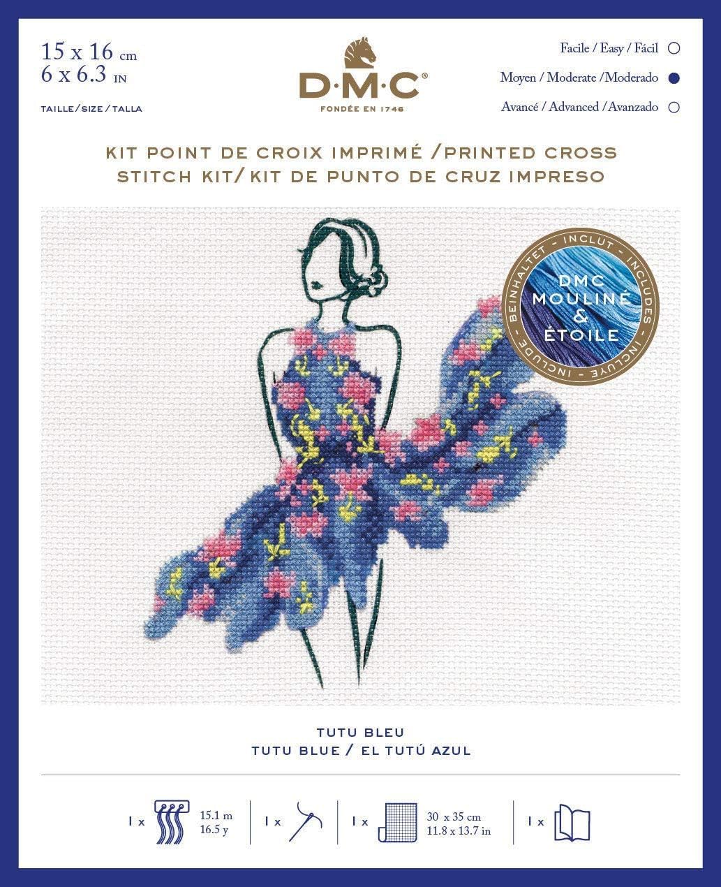 DMC Stitch Kit Tutu Blue, Includes Embroidery Threads, Needle, Canvas Aida and Instructions