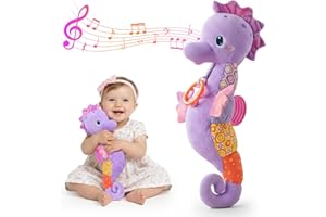 COQIN Baby Toys 0-6 Months,Infant Musical Seahorse Stuffed Animals Sensory Toys with Bright Colors,Multiple Textures,Rattles & Crinkle Sound Paper,Tummy Time Toy for Newborn Boys Girls 0-12 Months-Purple
