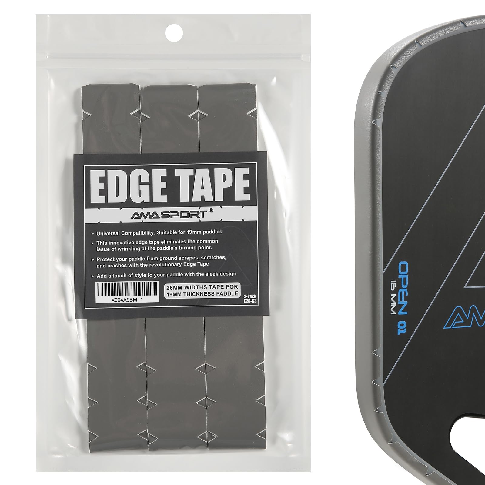 Photo 1 of AMA SPORT Pickleball Paddle Edge Guard Tape 3 Pack Protection Tapes 26mm Width Paddle Edge Cover Perfectly Fits Curved Without Wrinkling (Gray)