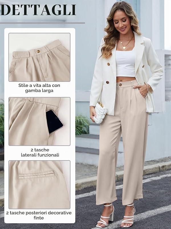 Pantaloni da Donna a Vita Alta Casual con Tasche Gamba Larga Lunghi Eleganti da Ufficio, Gamba Dritta Comodi Leggeri Business