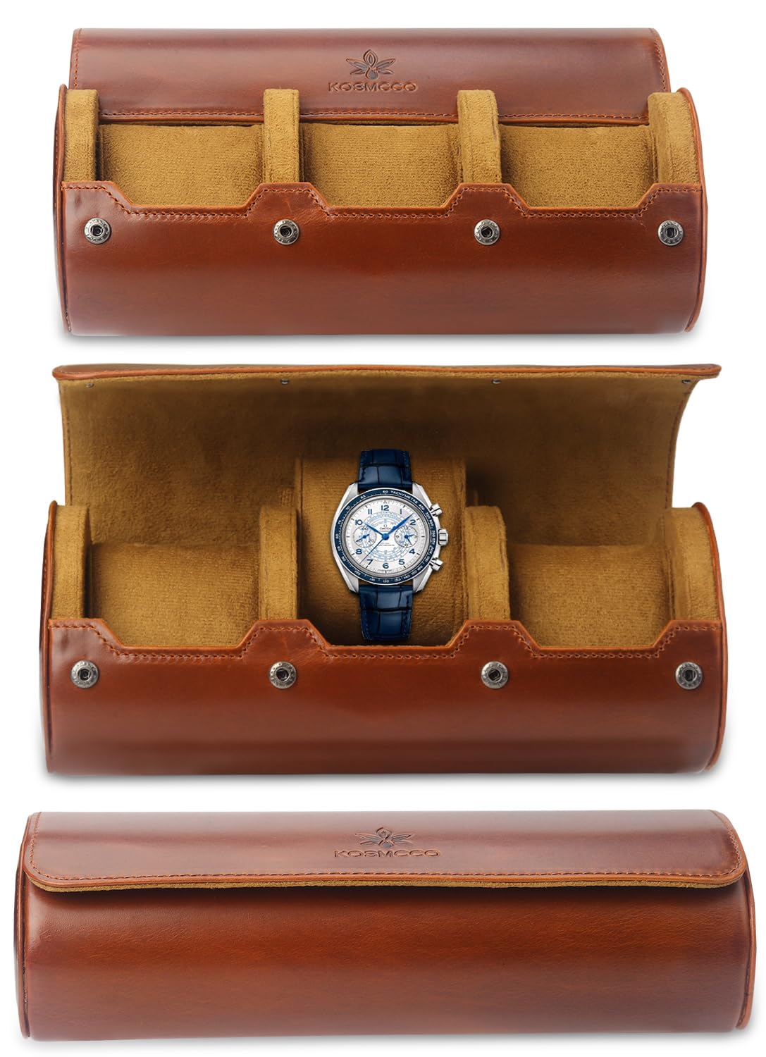 KOSMCCO Watch Roll Travel Case - Leather Watch Roll 3 Watch Travel Case, Storage Organizer and Display Case (Whiskey Brown)