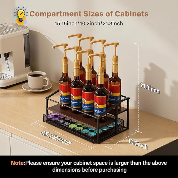KIMILUS COFFEE SYRUP RACK ORGANIZER, 3-TIER 8 BOTTLE SYRUP RACK WITH 35 K CUP DRAWER FOR COFFEE BAR, COUNTERTOP BOTTLE HOLDER STAND FOR DRESSING FOR KITCHEN CAFE STATION