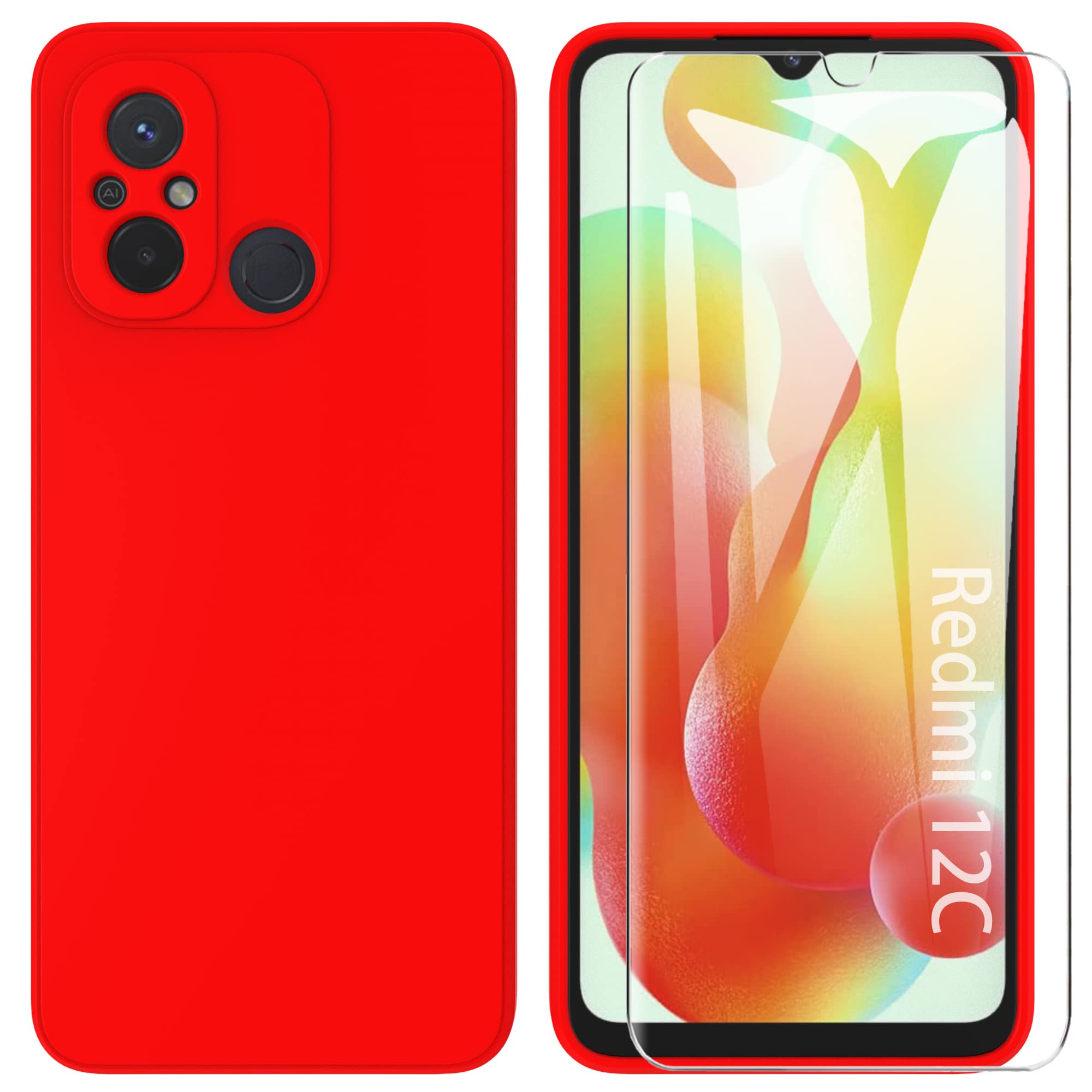 ARRYNN Xiaomi Redmi 12C / Redmi 11A Case with Tempered Glass Screen Protector, Ultra Slim Protective Soft Liquid Silicone Case Cover – Red