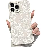 NITITOP Compatible with iPhone 15 Pro Case Cute Aesthetic Floral Flower Rose Line Pattern for Women Girl Trendy Slim Fit TPU Silicone Shockproof Full Camera Protection Cover - White