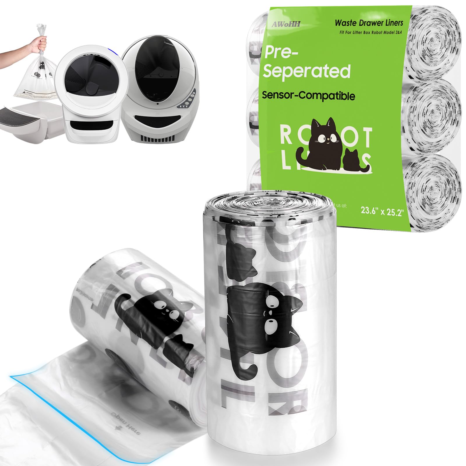 Photo 1 of 45 Pack Cat ter Box Robot 4 and 3 Waste Bags, Automatic Litter Box Liners Bags, Tear-free, Sensor-compatible, 9-11 Gallon Capacity