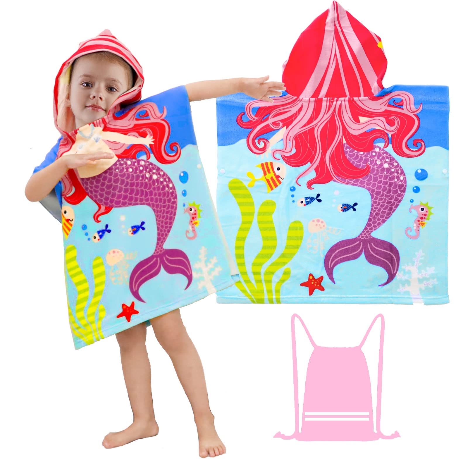 FILOWA Beach Towel Hooded Poncho Mermaid for Kids Girls Bath Towel Swimming Pool Surfing Towels Microfibre Soft Absorbent Wearable Bathrobe with Drawstring Bag for Children Age 2-6 Years