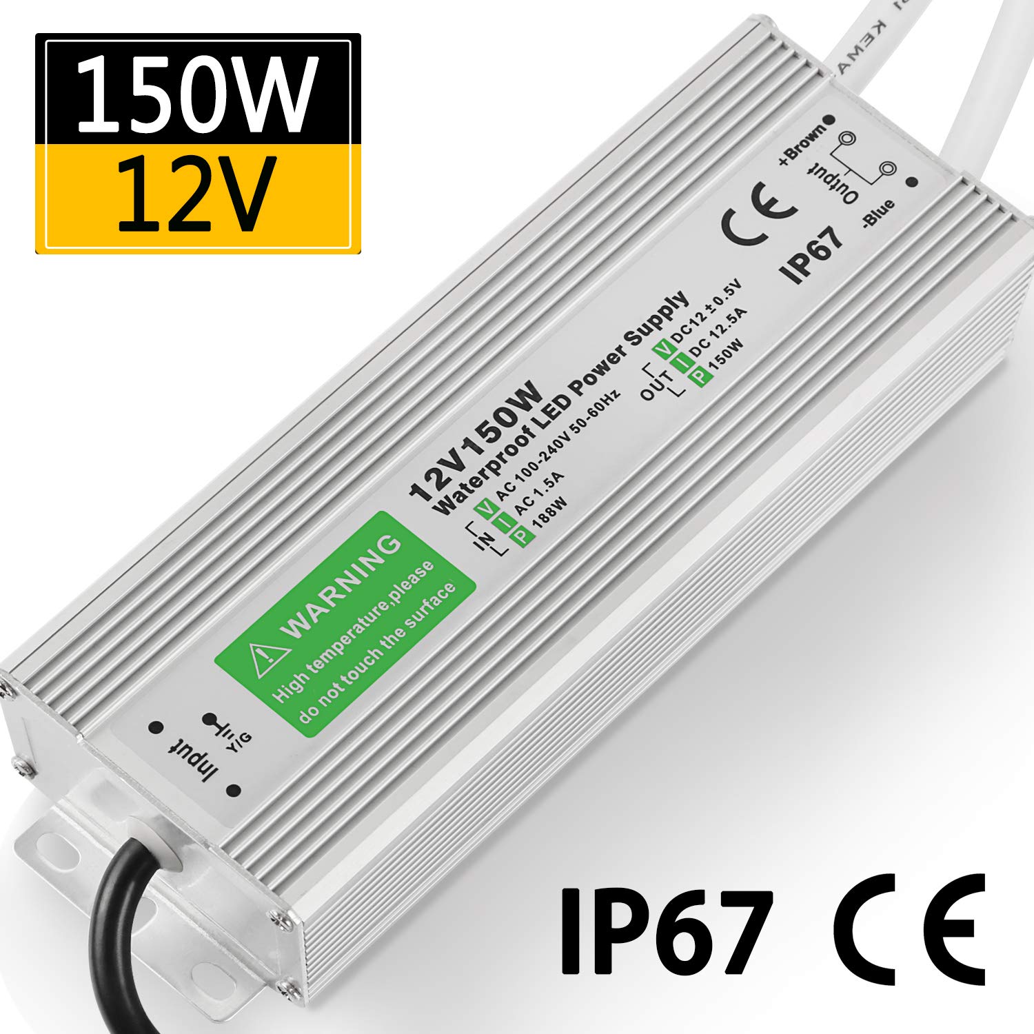 150 Watt LED Power Supply Waterproof IP67 Driver Transformer 120 to 12 Volt DC Output, AC/DC 12V 12.5A Switching Power Supply Low Voltage Lighting LED Driver Transformer