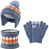 Comfoex 3 Pcs Kids Winter Hat Scarf Gloves Set Boys Girls Knit Neck Warmer Fleece Lined Children Beanie Hat Set for Ages 4-8