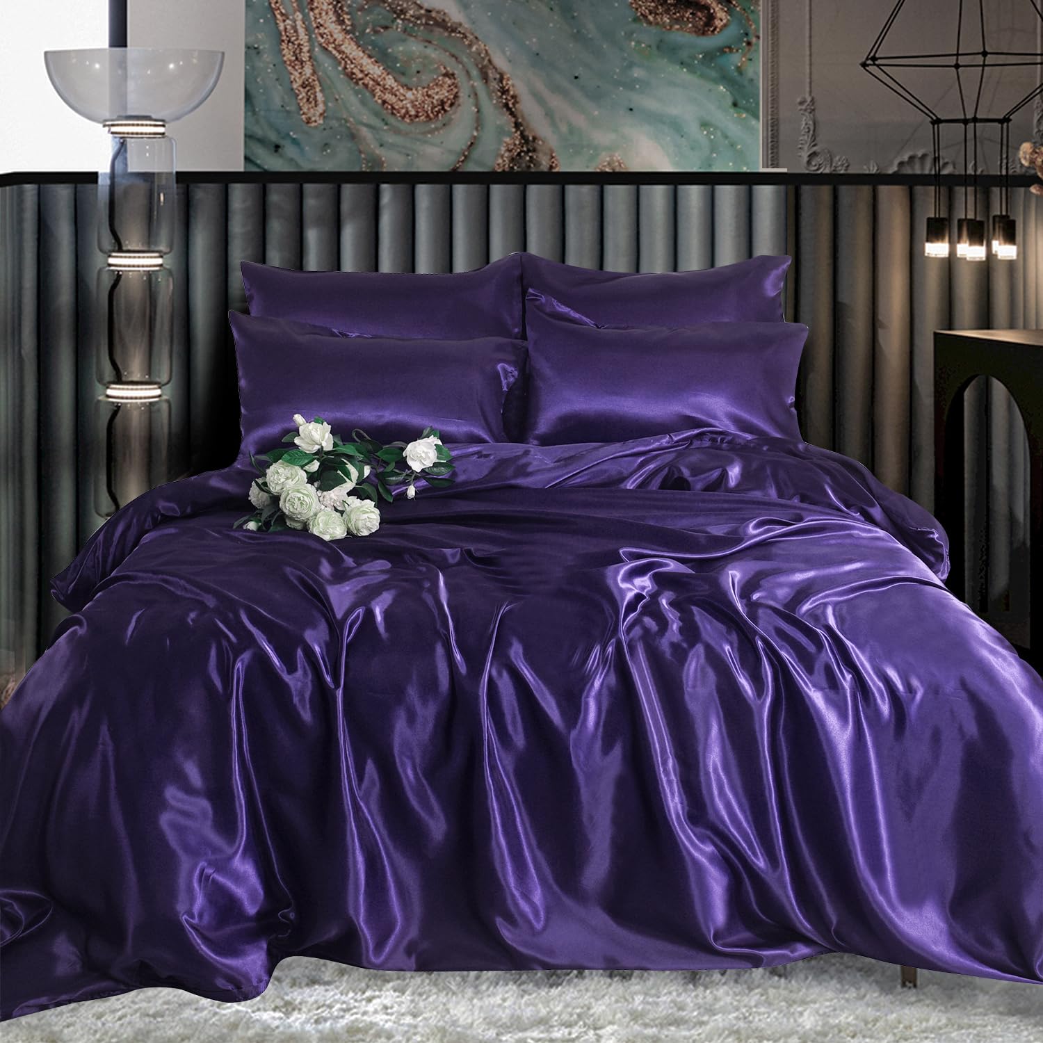 ROOEE Satin Silk Complete Bedding Set - 6 PCS - Fitted sheet, Duvet Cover, 4 Pillow Cases. Color - Aubergine Size - Super King