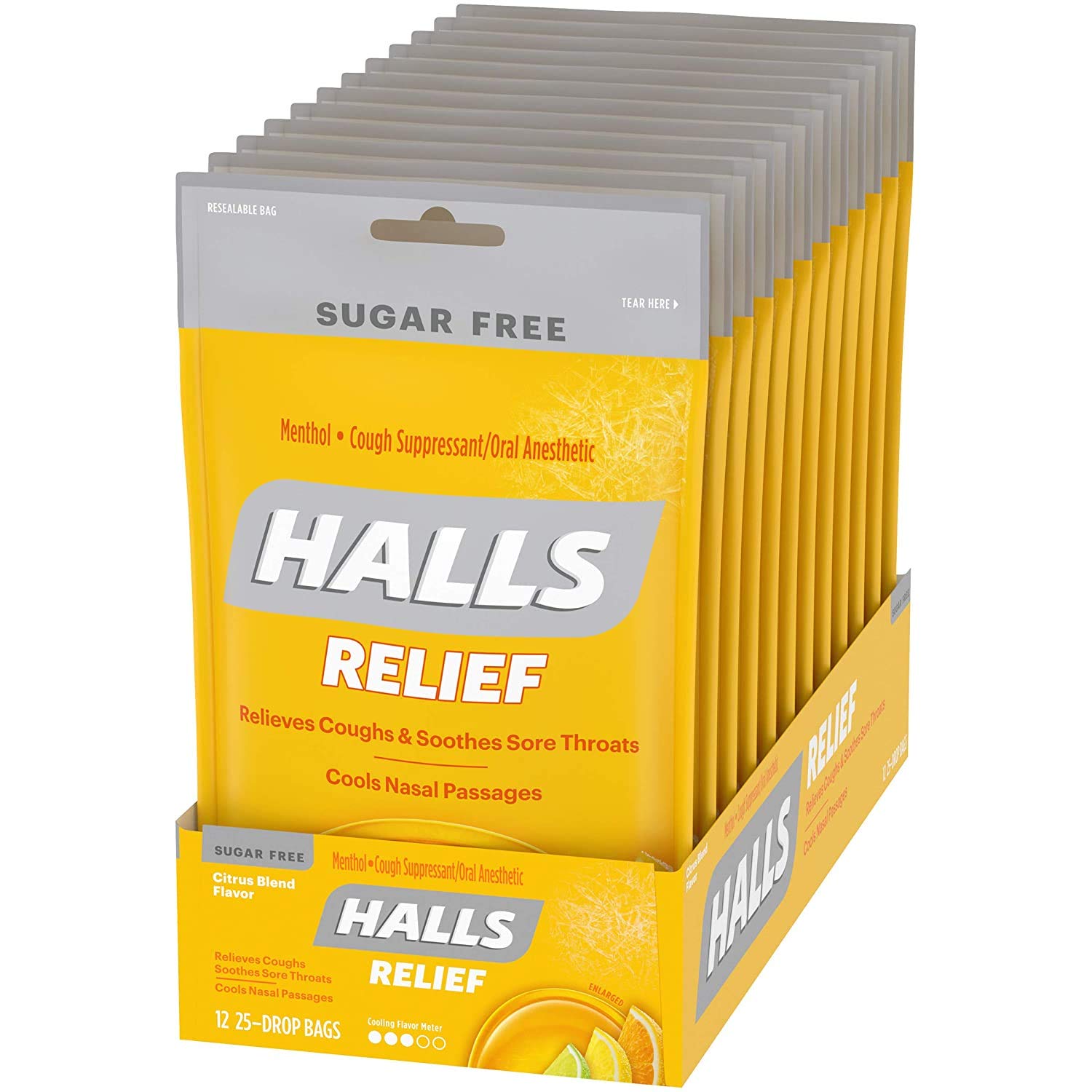 Halls Citrus Sugar Free Cough Drops - with Menthol - 300 Drops (12 bags of 25 drops) : Cough Drops : Grocery & Gourmet Food