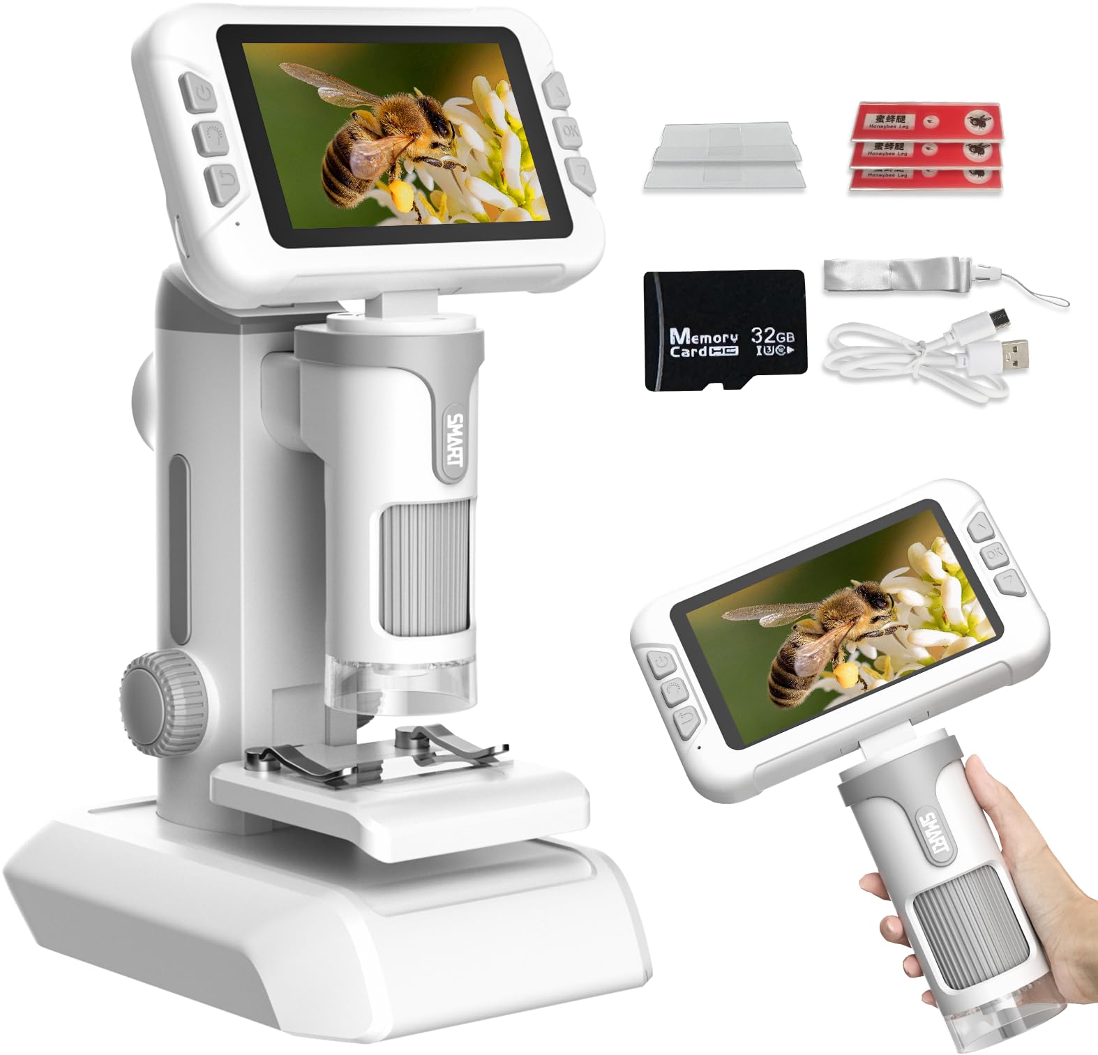 PYRODUM 4,0" IPS Digital Mikroskop 1600X, 1080P Tragbares Handmikroskop mit Foto- und Videoaufzeichnung, 32 GB Karte, LED-Licht, Objektträgerproben, Wiederaufladbar USB-Mikroskop für Kinder/Erwachsene