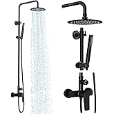 Rainsworth Outdoor Shower Kit Matte Black - Single Handle Brass Valve, 8 Inch Rain Shower Head and Handheld Spray Shower Fixture Combo, 304 Stainless Steel Wall Mount