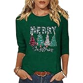 Vircreate Womens 3/4 Sleeve Crew Neck Christmas T-Shirts Merry Christmas Leopard Plaid Tree Graphic Tee Tops
