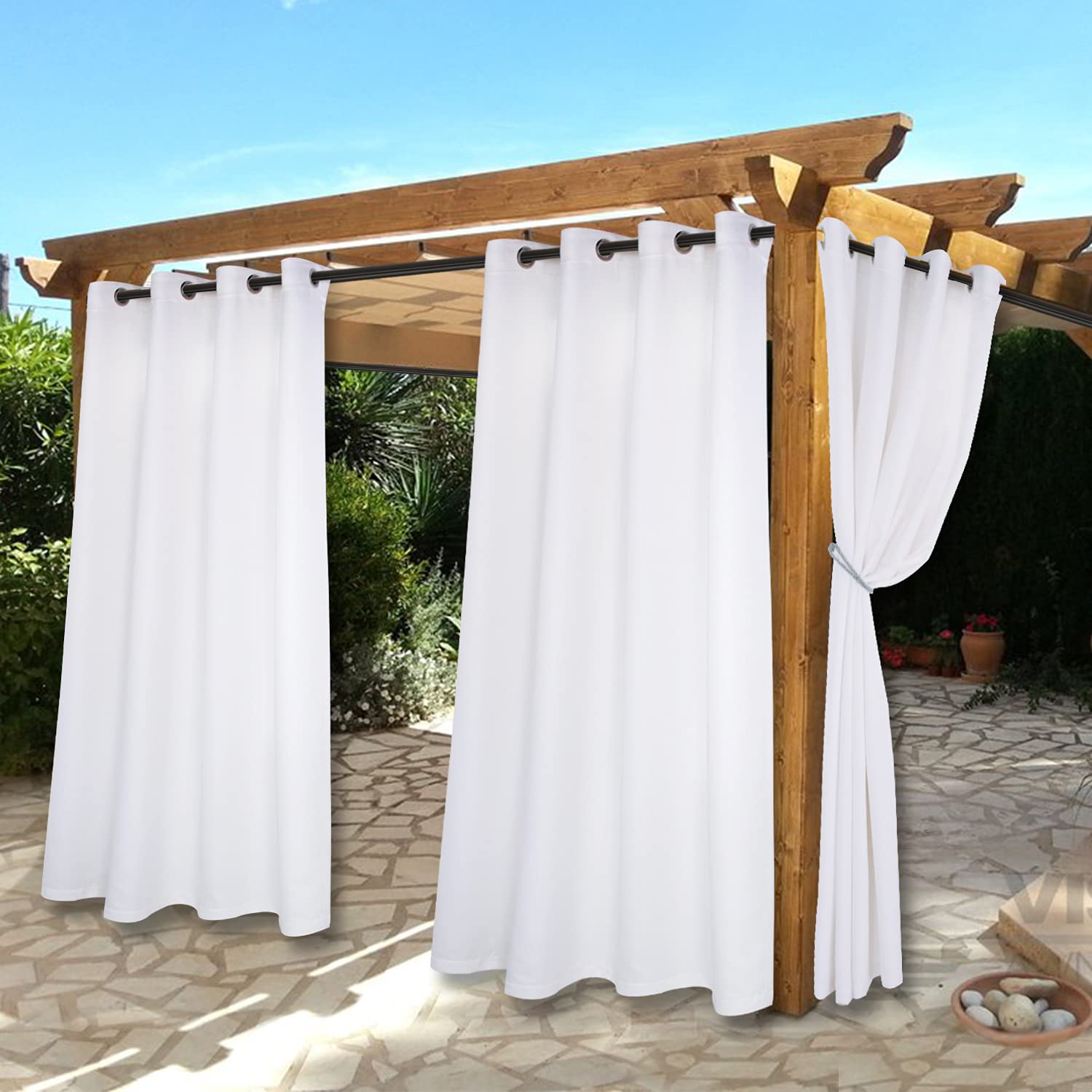 Photo 1 of BONZER Waterproof Indoor/Outdoor Curtains for Patio - Thermal Insulated, Sun Blocking Grommet Blackout Curtains for Bedroom, Porch, Living Room, Pergola, Cabana, 2 Panels, 52 x 84 inch, White