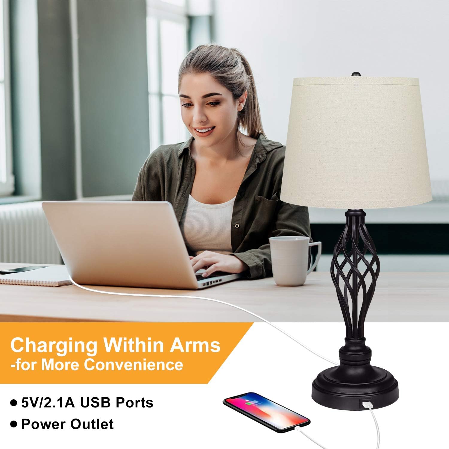 Set of 2 Touch Control 3-Way Dimmable Table Lamp Nightstand Lamp with USB Port AC Outlet Bedside Desk Lamp with Fabric Shade for Living Room Bedroom, Daylight White Bulbs Included - - 