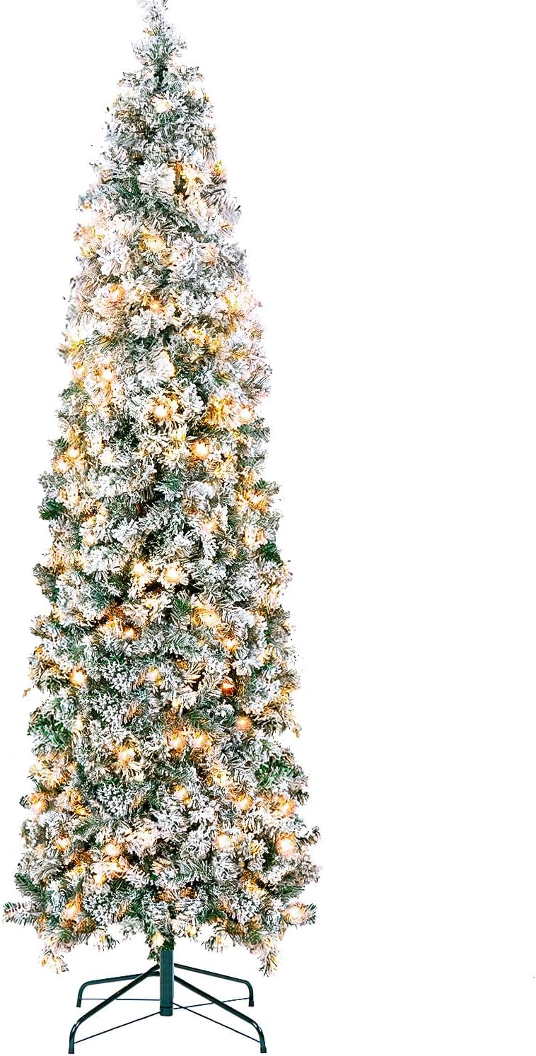 Trees - 7d24hcare 7.5ft Pre-Lit Pencil Snow Flocked Christmas Tree, Artificial Slim Christmas Tree W/Storage Bag, for Home Shops Office Holiday Decoration