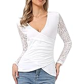 Allegra K Women's Lace Long Sleeve Tops Fitted Cross Wrap Ruched Party Deep V Neck Top